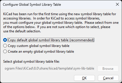 Symbol library configuration popup