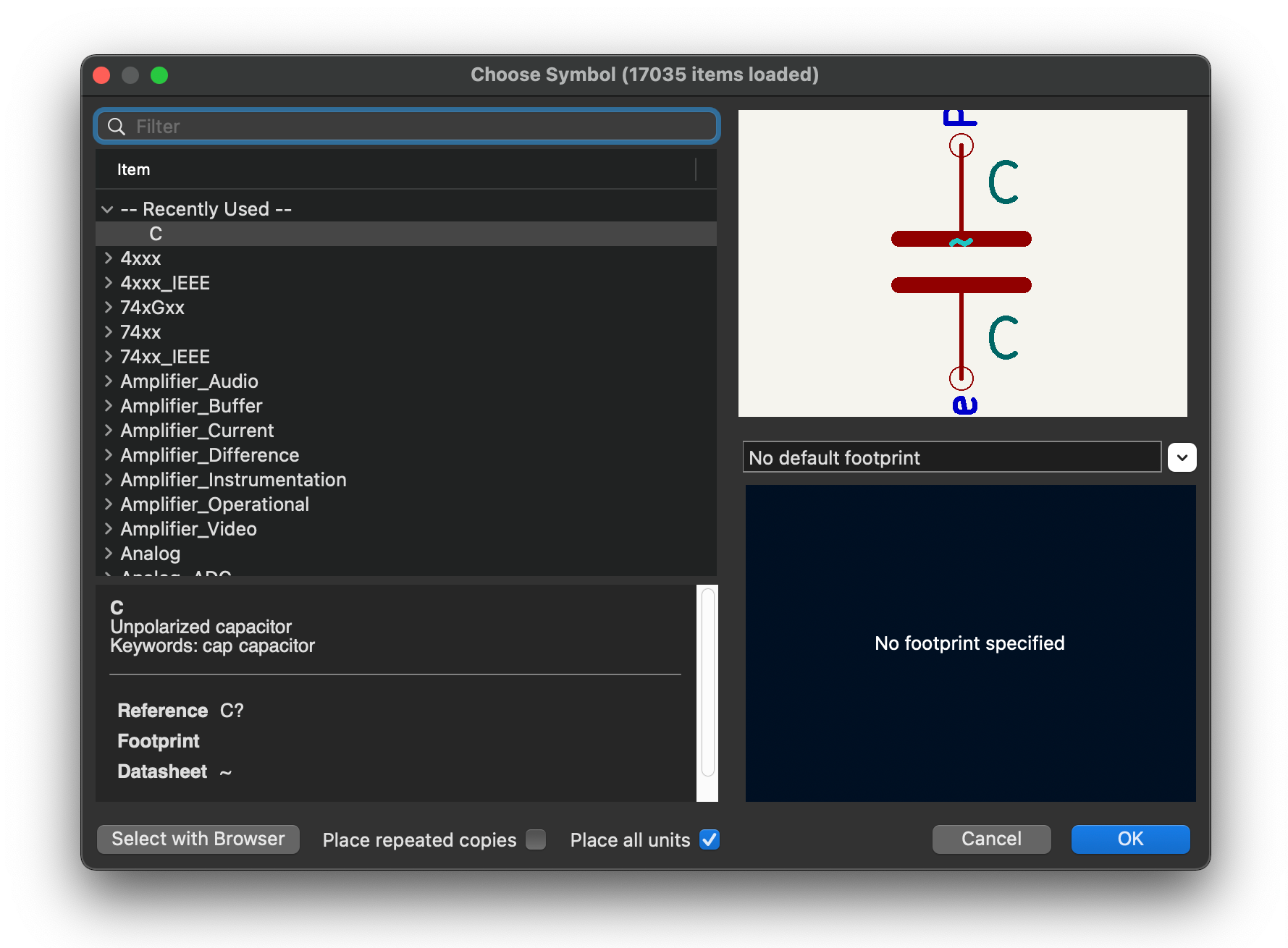 KiCad Symbol Selection Window