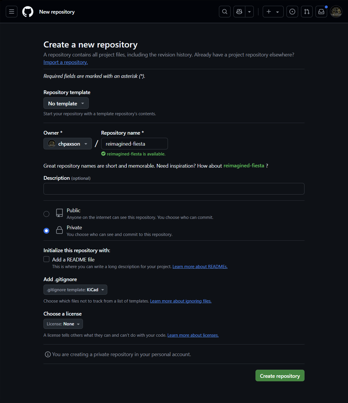 GitHub repository creation page